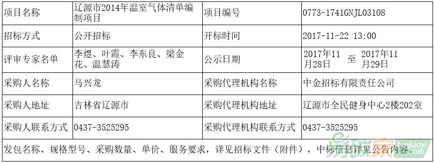 吉林省遼源市2014年溫室氣體清單編制項(xiàng)目中標(biāo)、成交結(jié)果公告